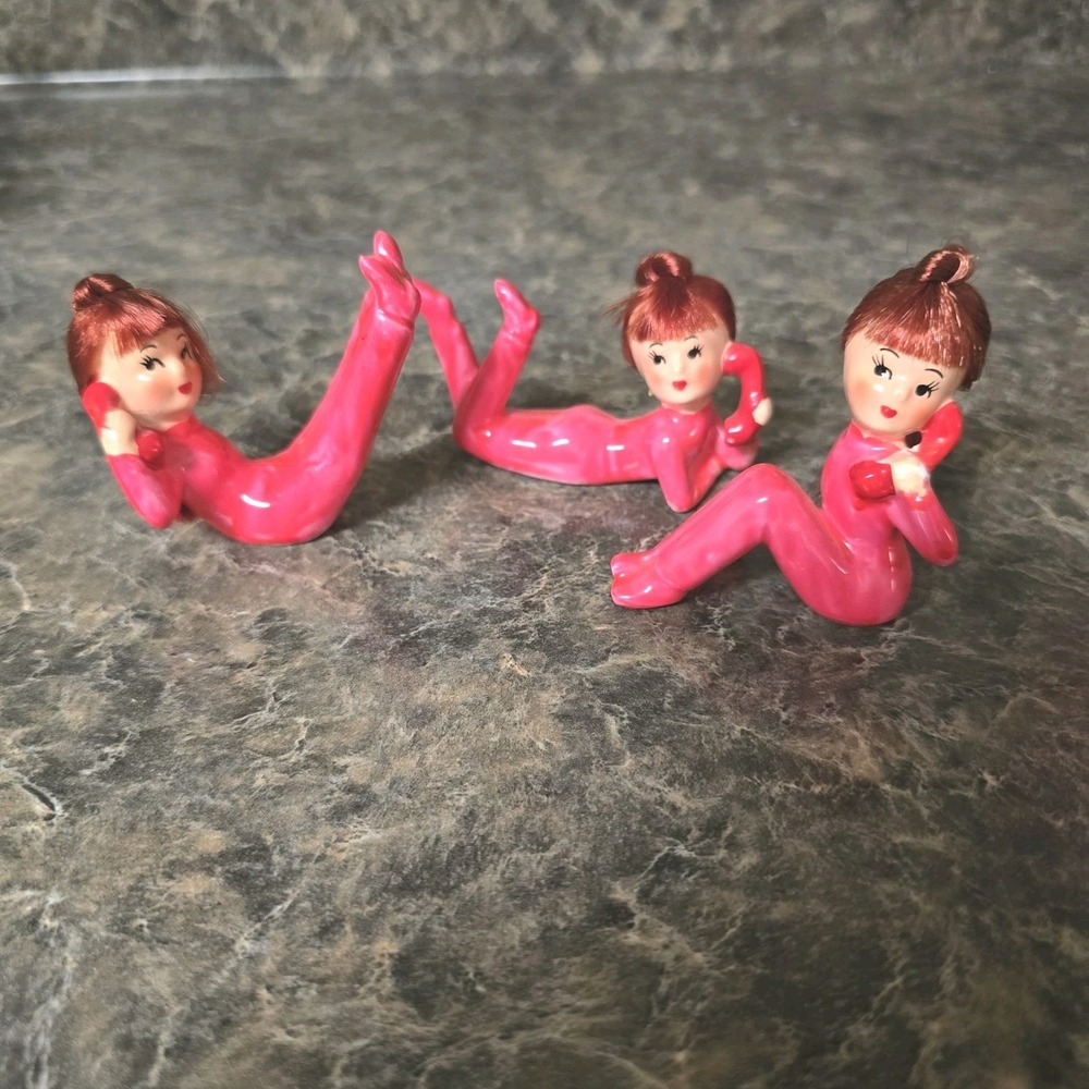 Vintage MCM Japan Telephone Girl Figurines SET of 3 Pink Hair Kitsch Ceramic